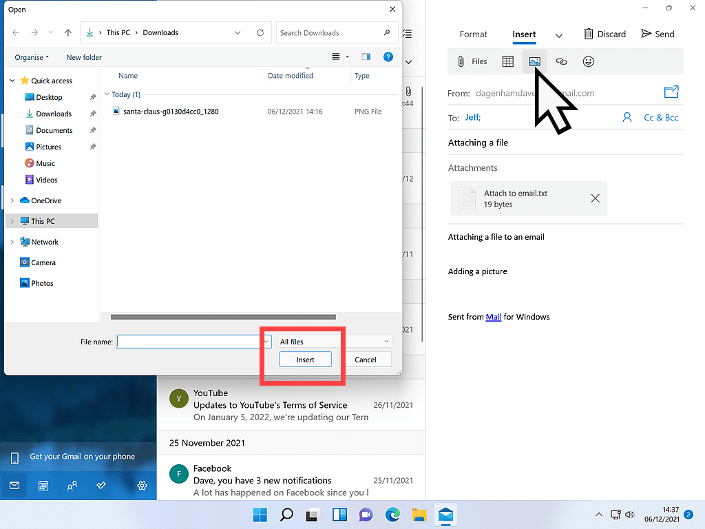 Insert picture button is marked. Windows File Explorer is open and an image file is selected.
