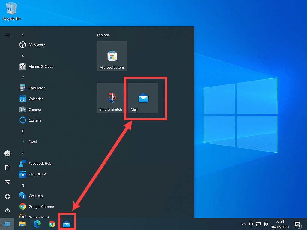 Windows Mail app indicated on Taskbar and Start menu in Windows 10.