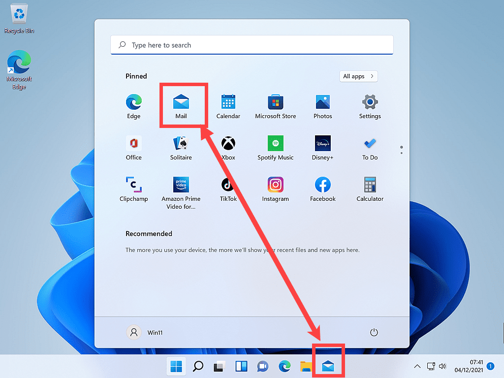 Mail app indicated by red arrow on the Taskbar and Start menu in Windows 11.