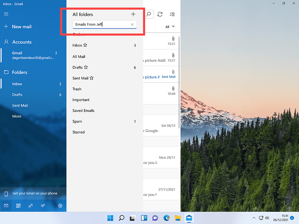 New folder name box is marked in Windows Mail.