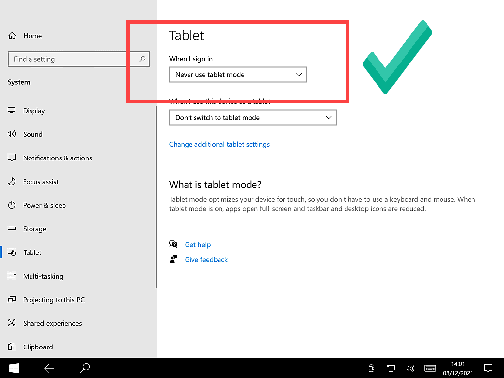 Never use tablet mode is selected and has a green tick beside it.