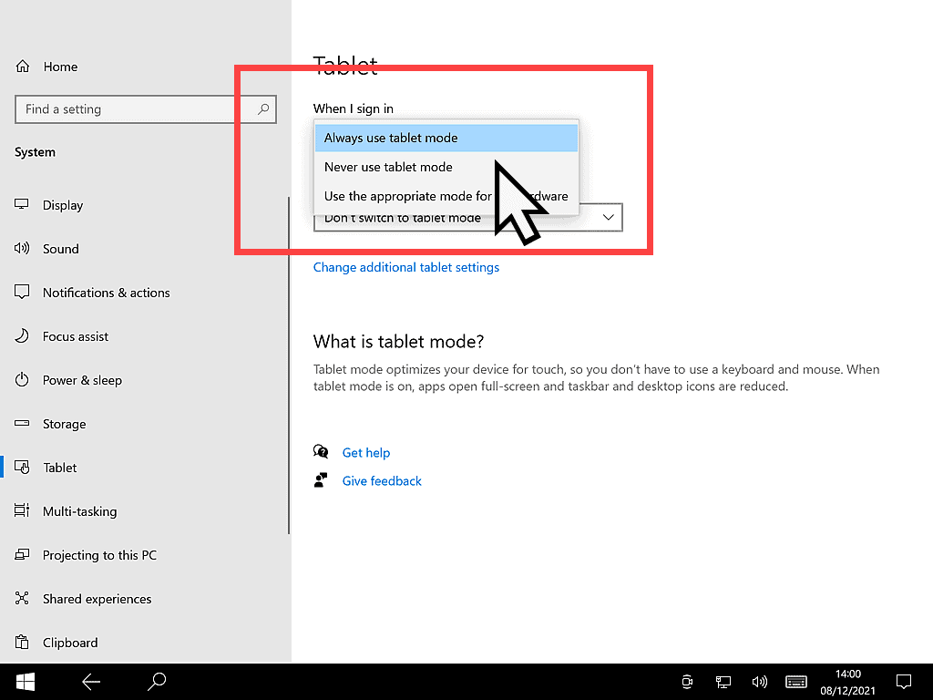 Tablet mode options menu is open and 