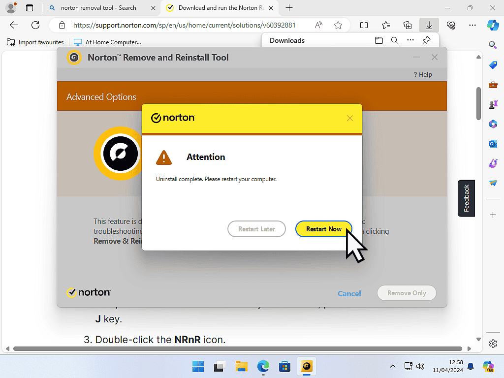 Norton has been uninstalled and the Restart Now button is being clicked.