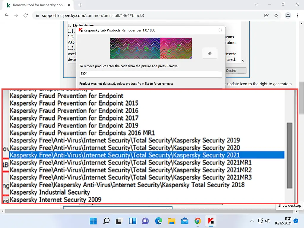 Kaspersky Free\Anti-Virus\Internet Security\Total Security\ Kaspersky Security 2021 option is selected.