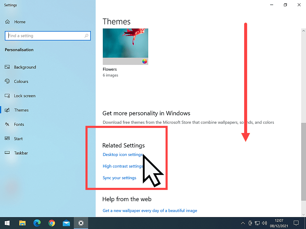 Themes page in Windows 10. Related settings is highlighted and arrow indicates scrolling down.
