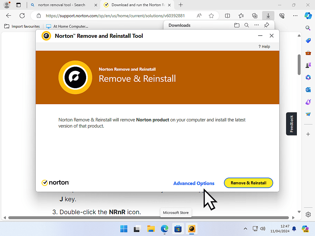 Norton Remove and Reinstall tool. The Advanced Options button is marked.