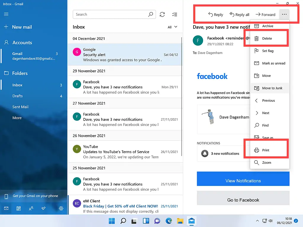 the Reply, Forward, Delete and Print options are highlighted in Windows Mail app.