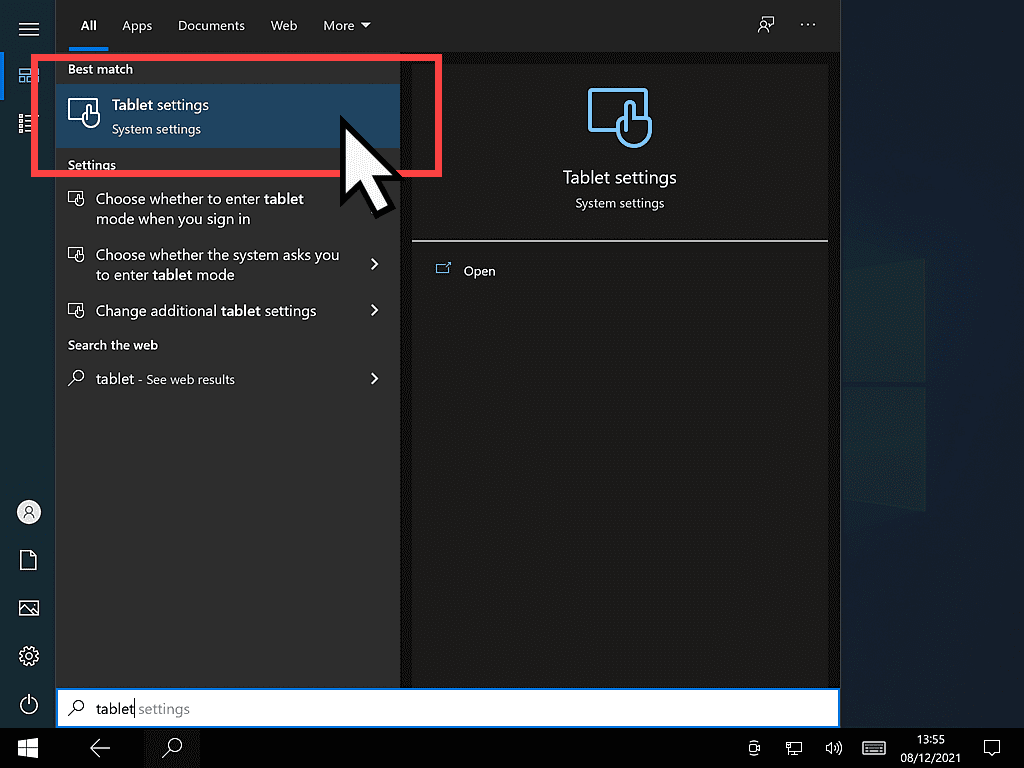 Searching for Windows tablet mode settings.
