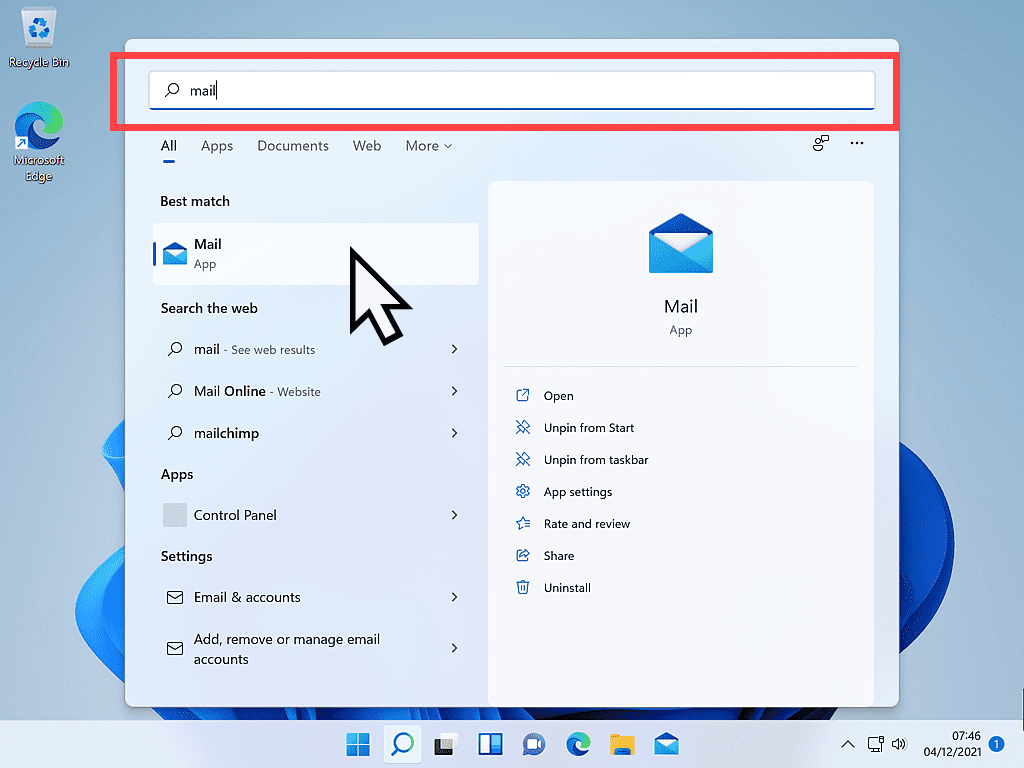 Searching for Mail app in Windows 11.