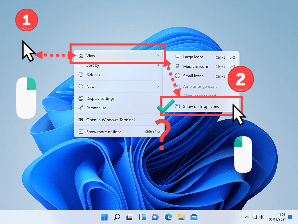 Steps to restore missing Recycle Bin. Right click options menu is open. Show Desktop Icons option is highlighted
