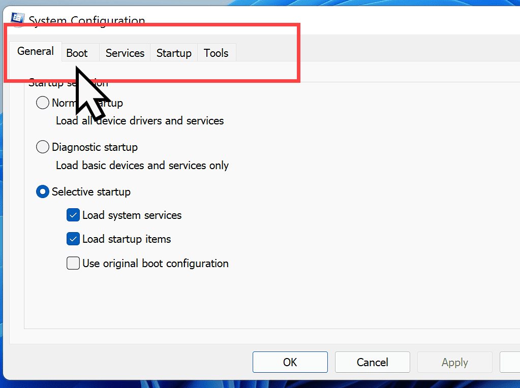 Boot tab indicated on System Configuration window.