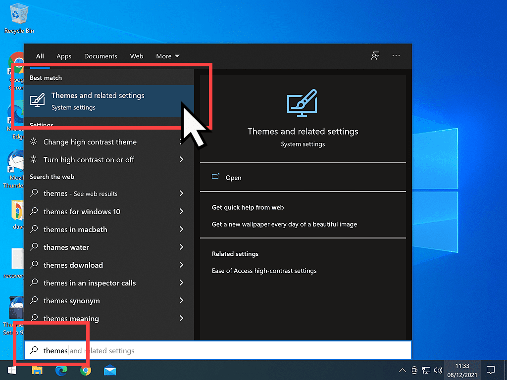 Themes and related settings on the Windows 10 Start menu.