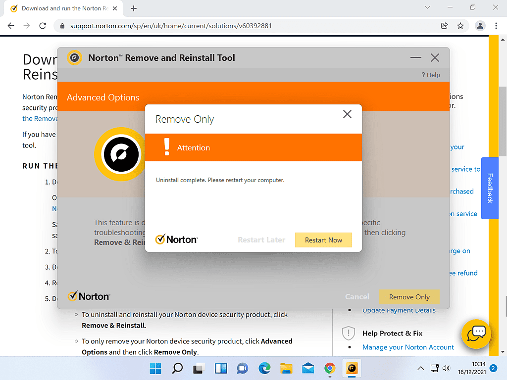 Norton has been uninstalled from computer. Restart button highlighted.