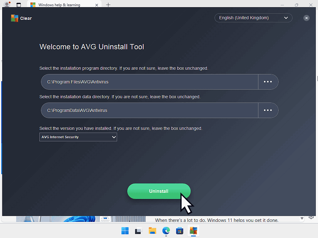 Default options selected and Uninstall button marked.