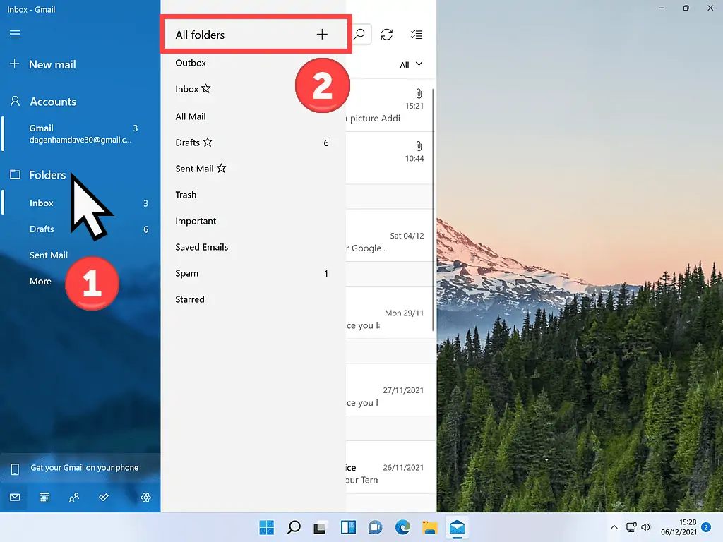 Folders button and Add Folder option highlighted in Windows mail app.