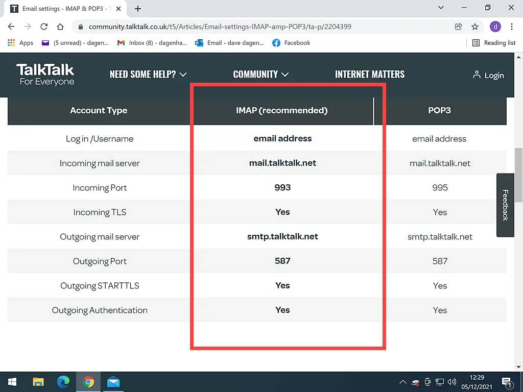 TalkTalk email client settings. IMAP settings are highlighted.