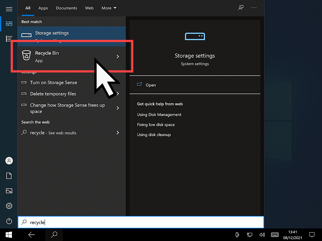 Searching for the Recycle Bin in Windows 10 Tablet mode.