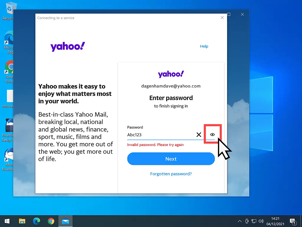 Show password icon indicated on Yahoo login page.