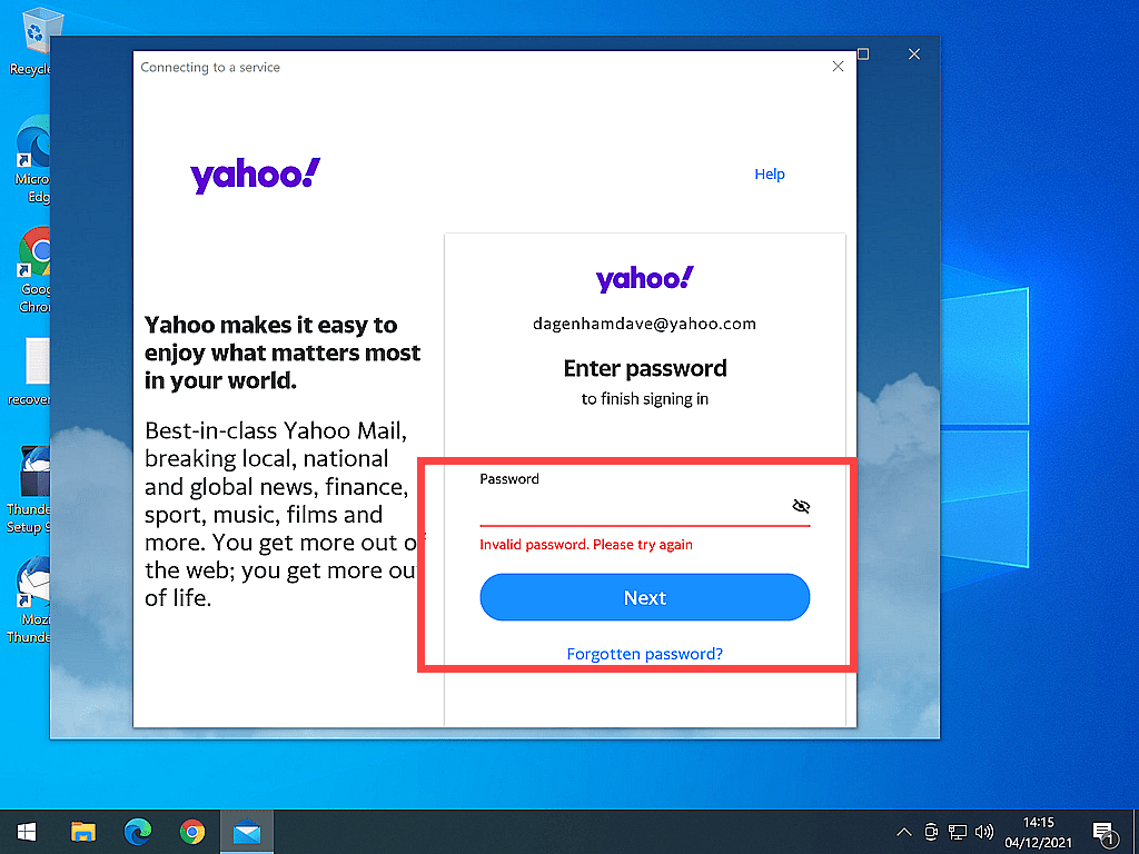 Yahoo log in page. Wrong email or password entered.