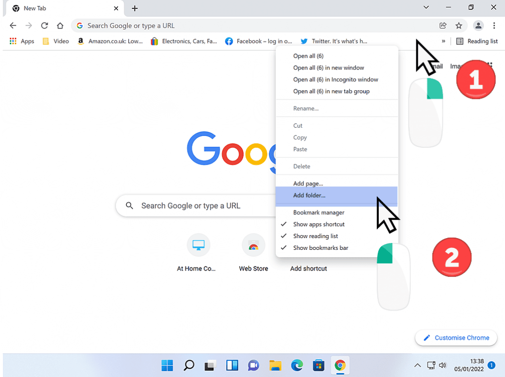 Right clicking the bookamrks Bar in Chrome. Menu is visible and Add Folder option is marked.