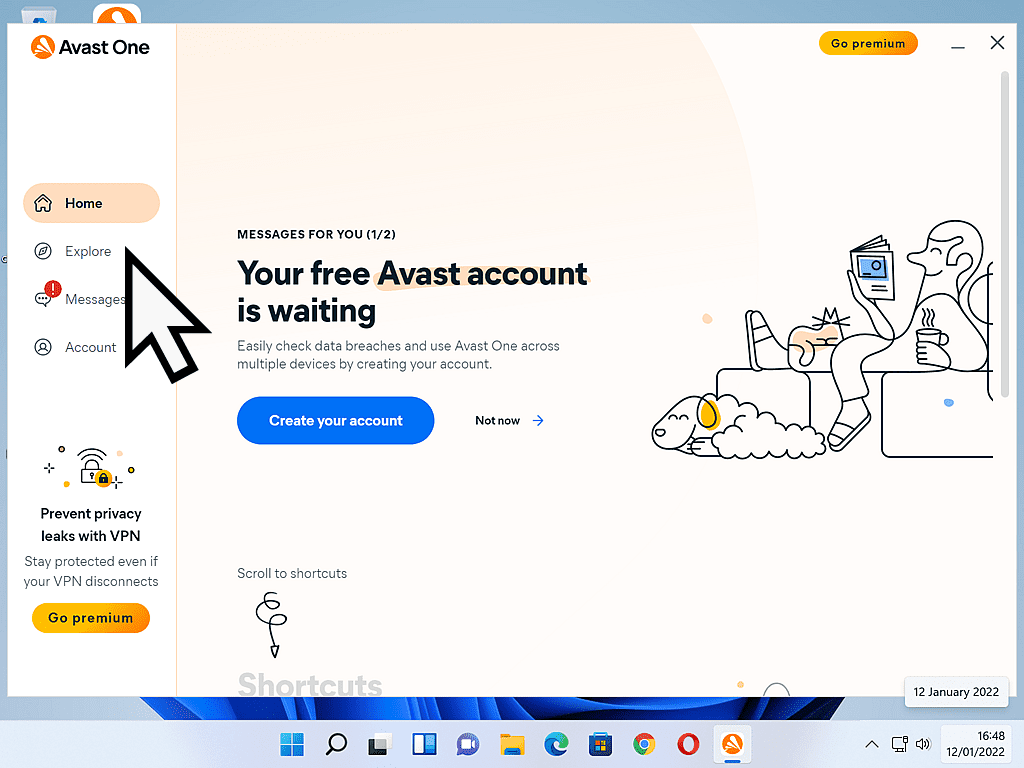 Avast One start page with the Explore button indicated.