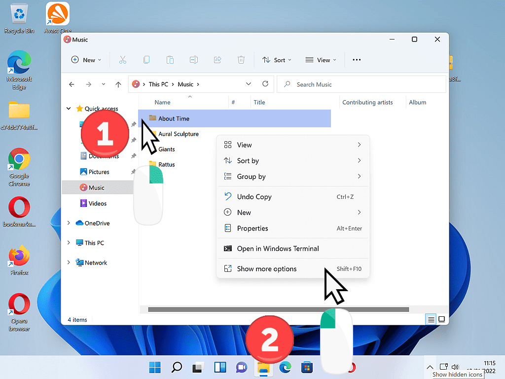 Windows 11 options menu open and "Show more options" is marked.