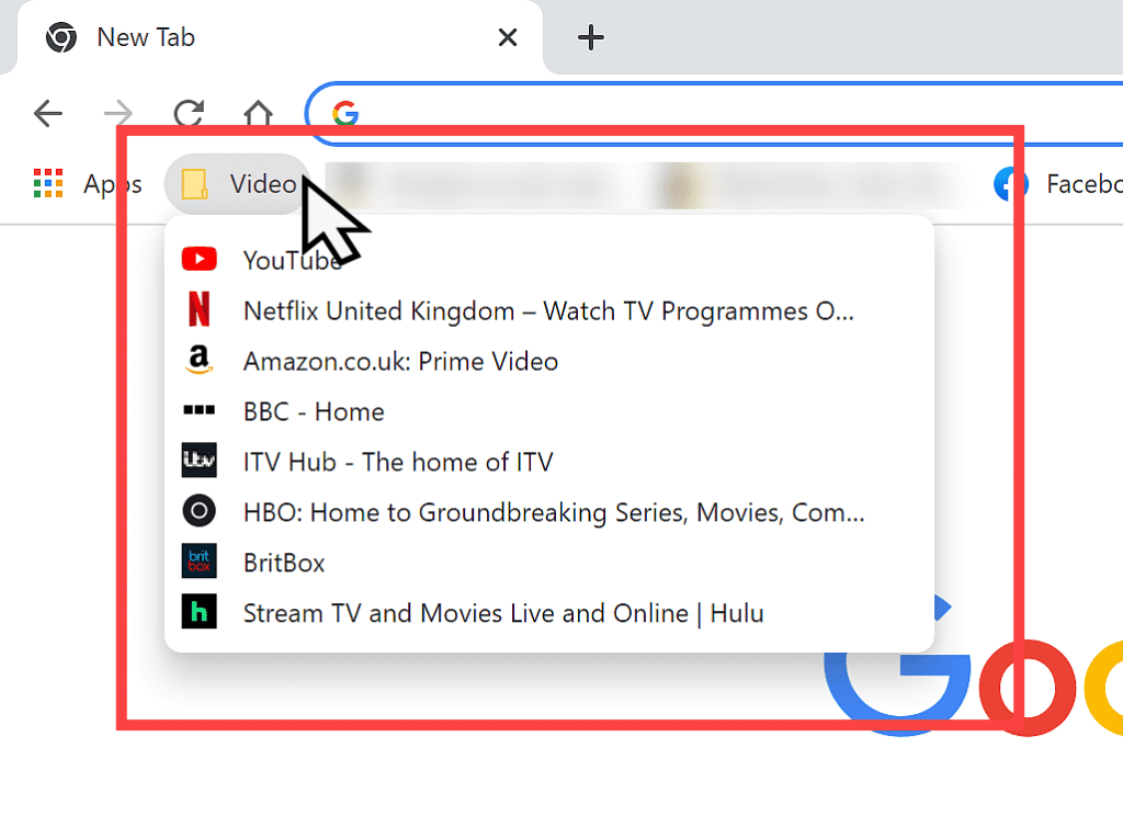 Bookmark folder named Video has been clicked revealing links to various video streaming websites including Amazon and Netflix.