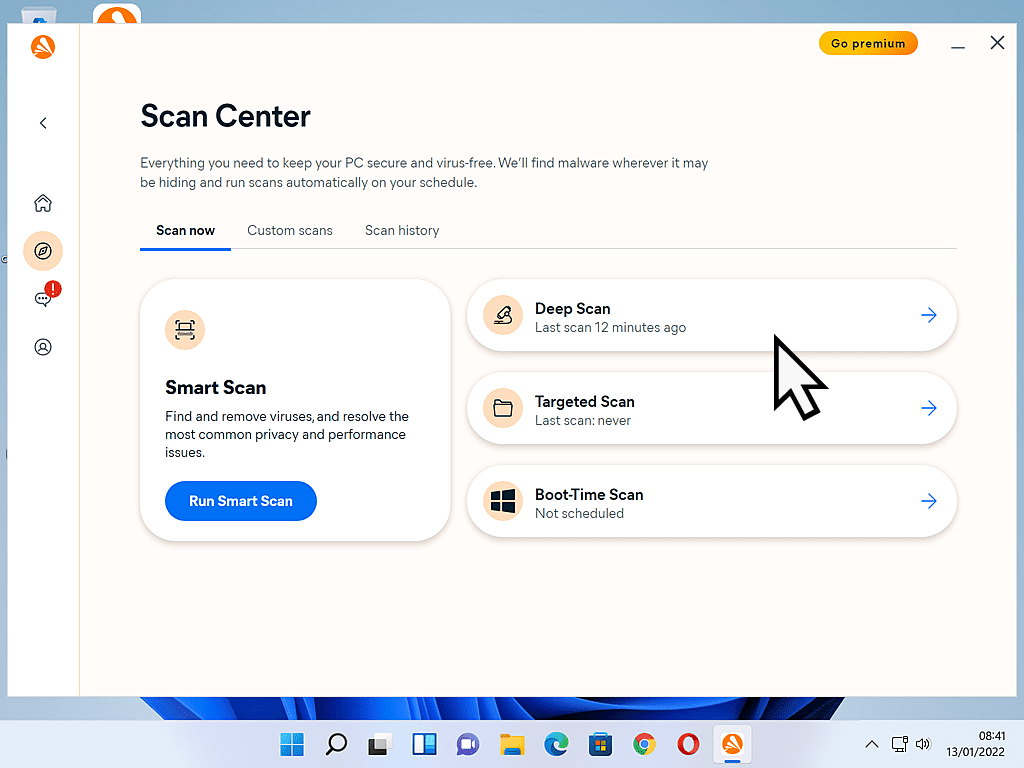 In Avast Scan Center, the Deep Scan button is indicated.