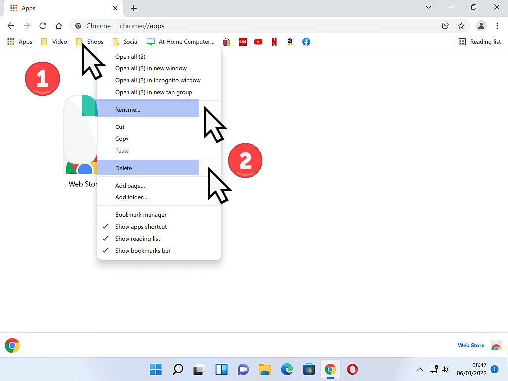 Options menu is open and both Delete and Rename are highlighted in Google Chrome.