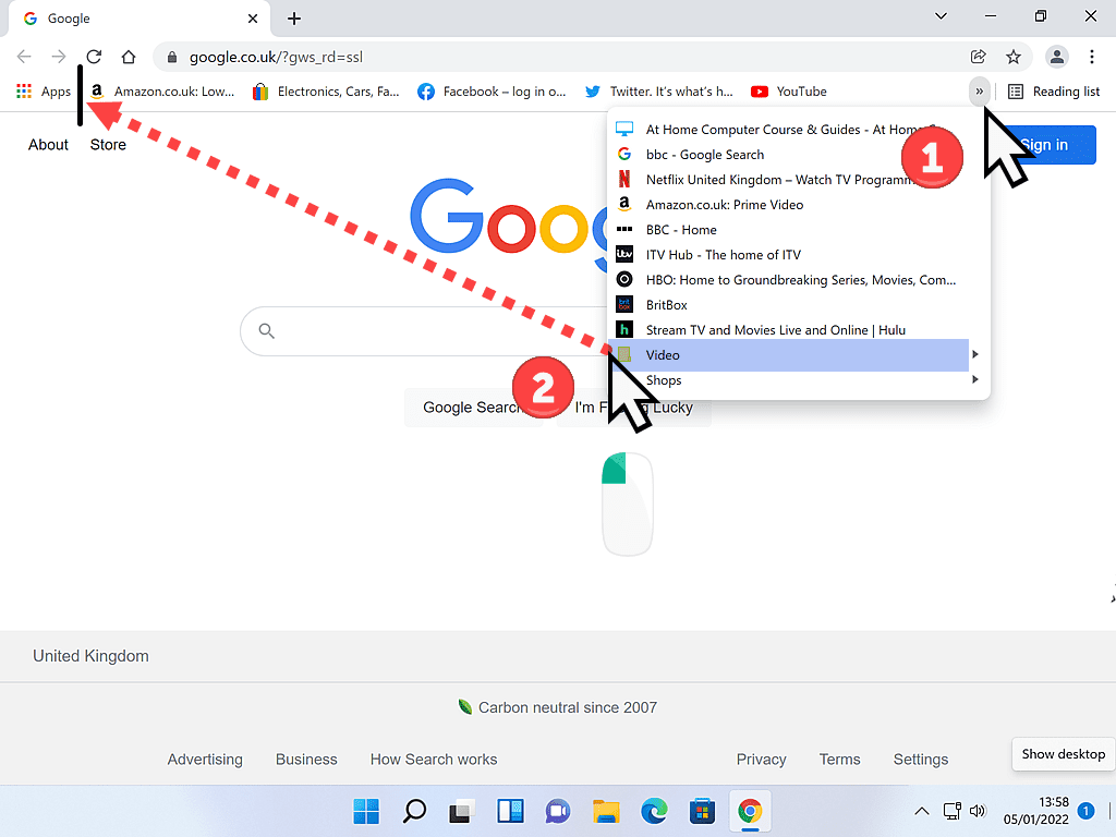 A folder being dragged from bookmarks overflow area to the Bookmarks Bar in Google Chrome.
