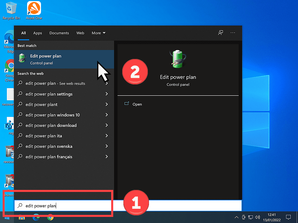 Searching Windows 10 start menu for Edit Power Plan.