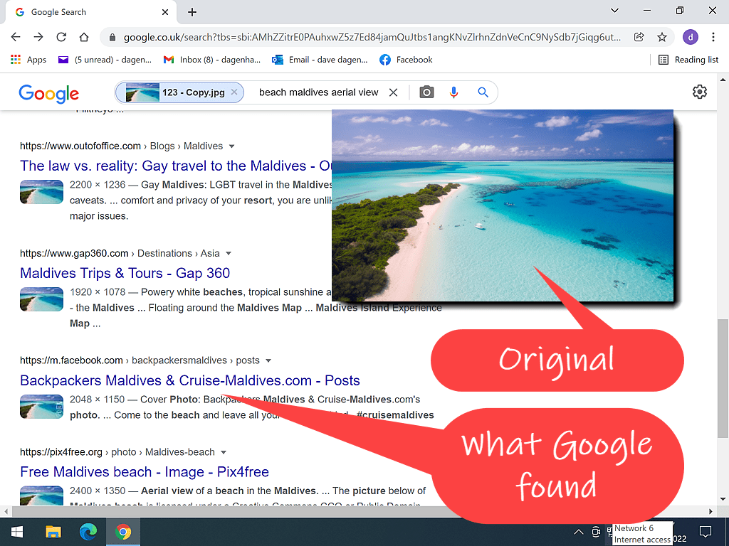 The uploaded (original) image is overlaid onto Google image search results.