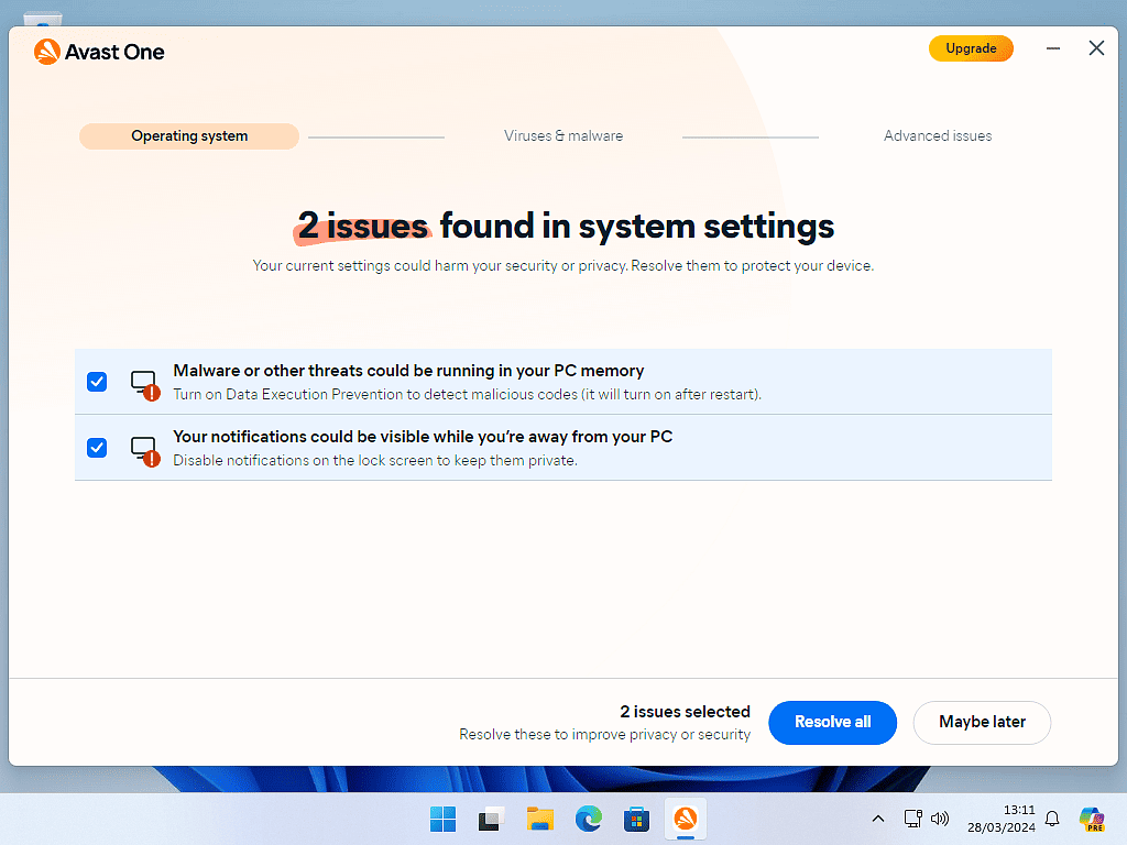 Avast has found issues in system settings during a Smart scan.