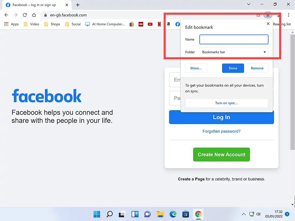 bookmarking Facebook without a name in the Name box.