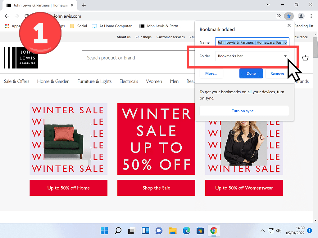 A new bookmark being saved into a different folder. The folder options box is highlighted.