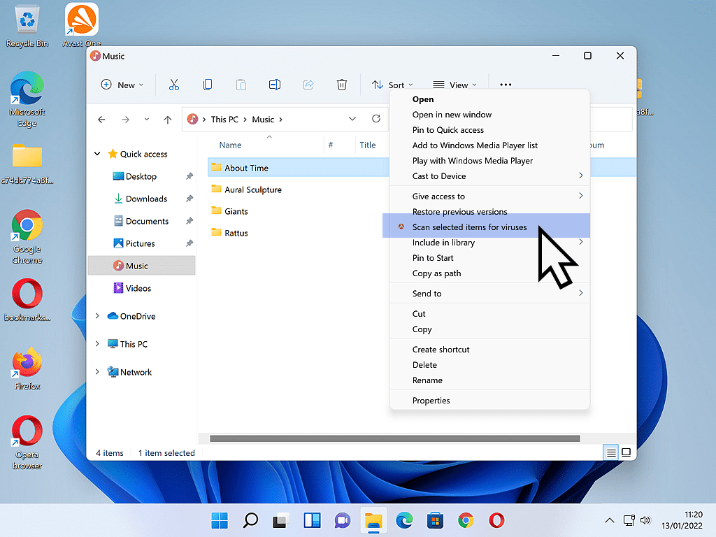 Windows 11 options menu open and "Scan selected items for viruses" is indicated.