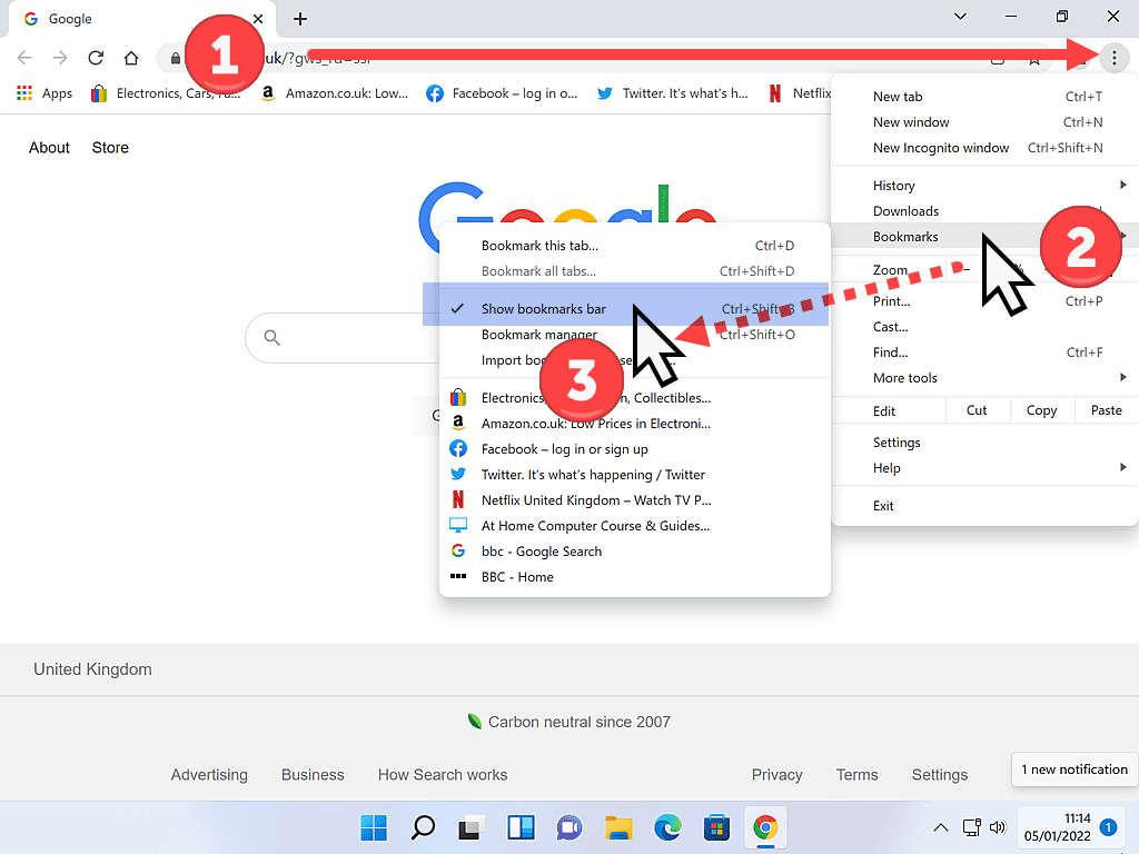 Steps taken to enable the Bookmarks Bar from the Chrome settings menu are numbered 1, 2 and 3.