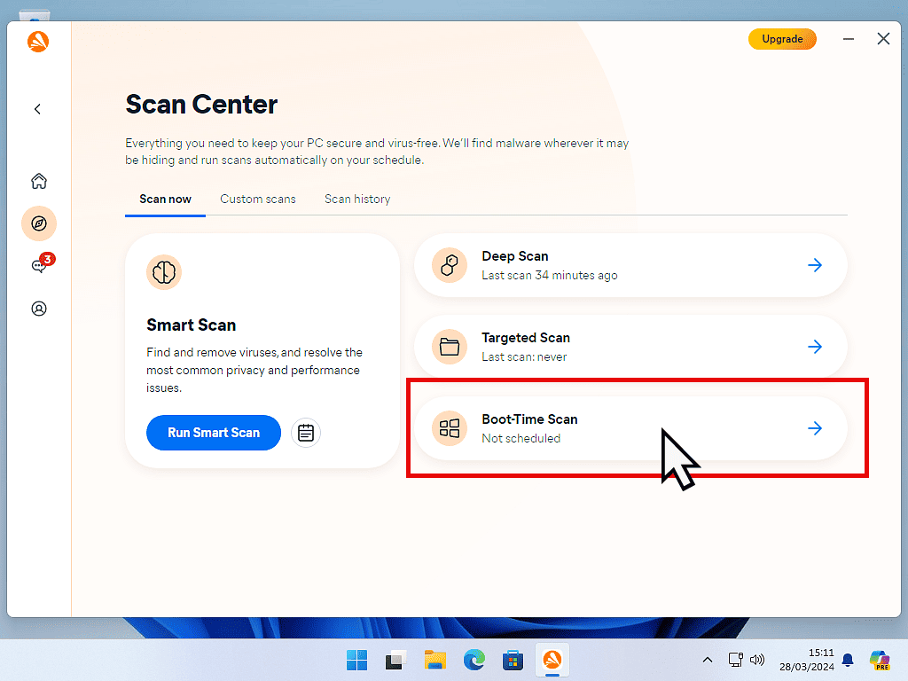 Avast Boot Time scan option is being clicked.