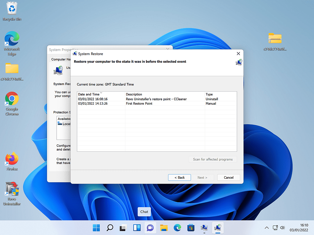 Available restore points on this computer.