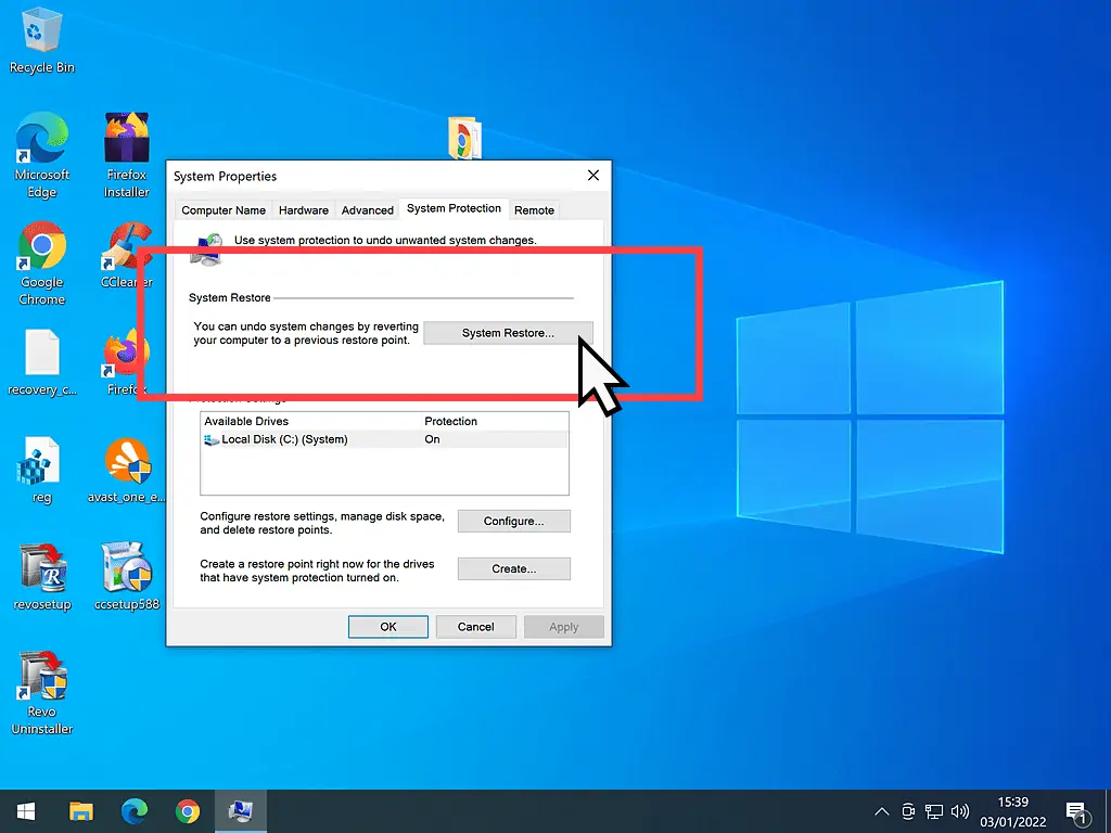 System Properties window-System Restore button is highlighted.