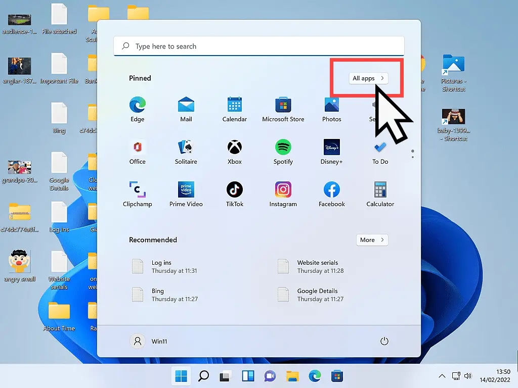 Windows 11 Start menu open and All Apps button marked.