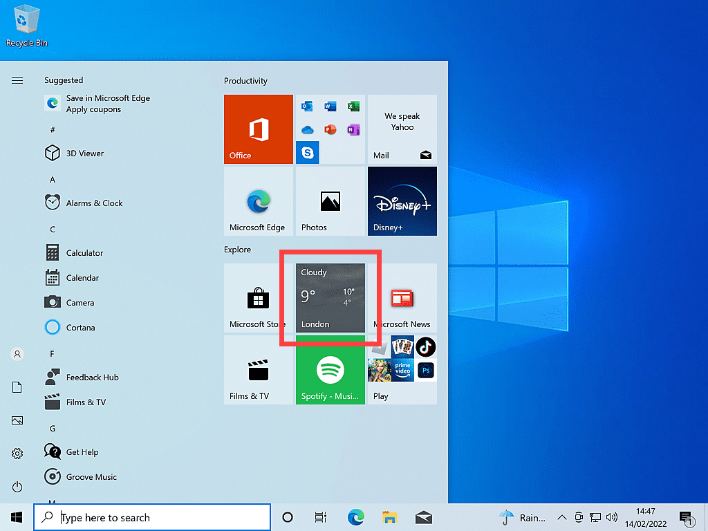 Weather app indicated on Windows 10 Start menu live tiles.