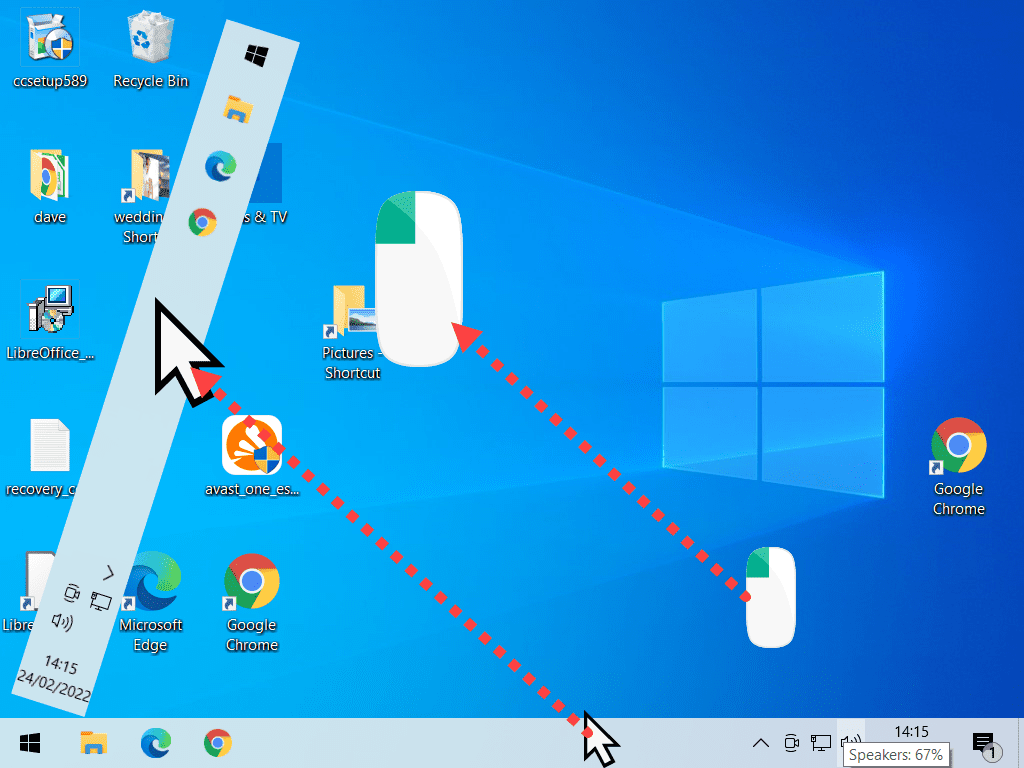 Taskbar is shown moving from bottom of screen to left hand side. Also a computer mouse is displayed with the left hand button depressed.