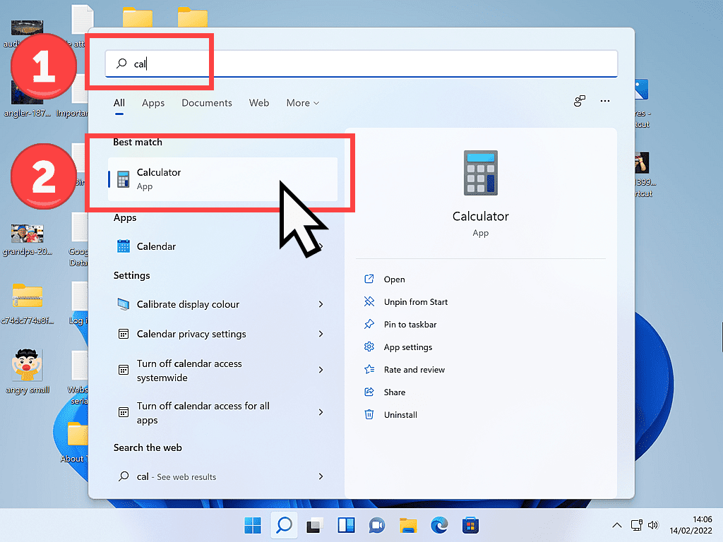Windows 11 search box and search results are indicated.