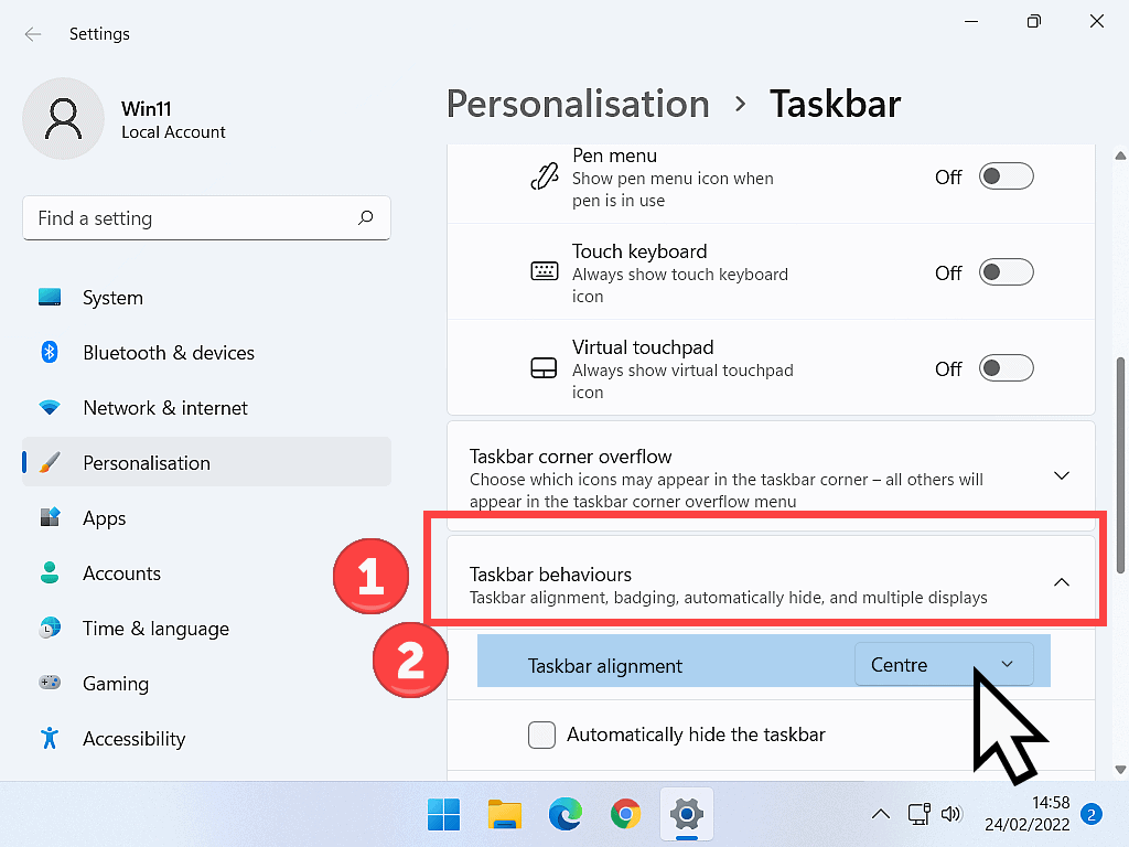 Taskbar alignment options indicated in Windows 11.