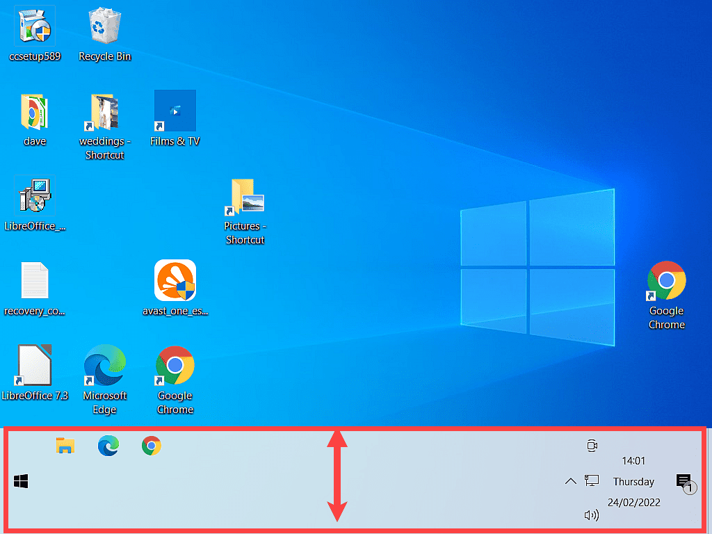 A double headed arrow indivates that the taskbar is larger (deeper) than usual.