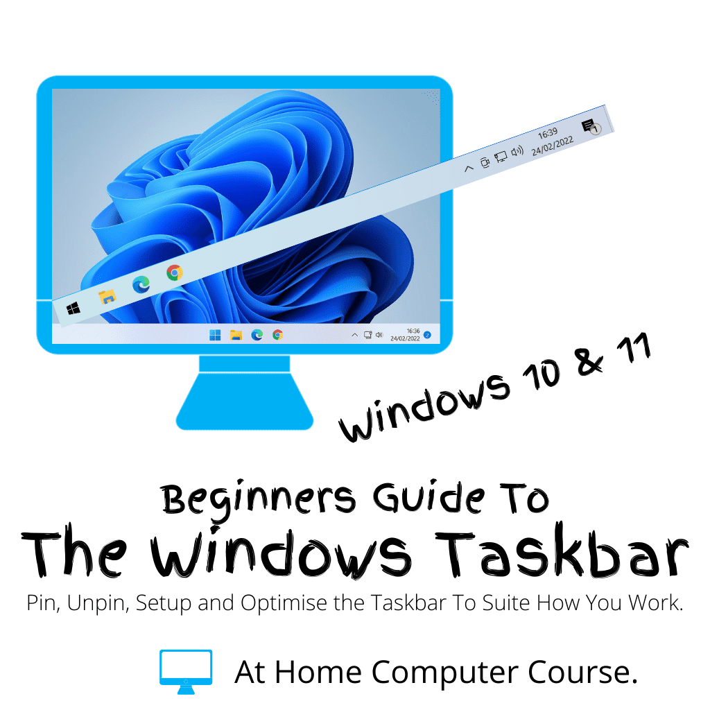 Windows taskbar highlighted on desktop PC screen. Text reads "Beginners guide to the Windows taskbar".