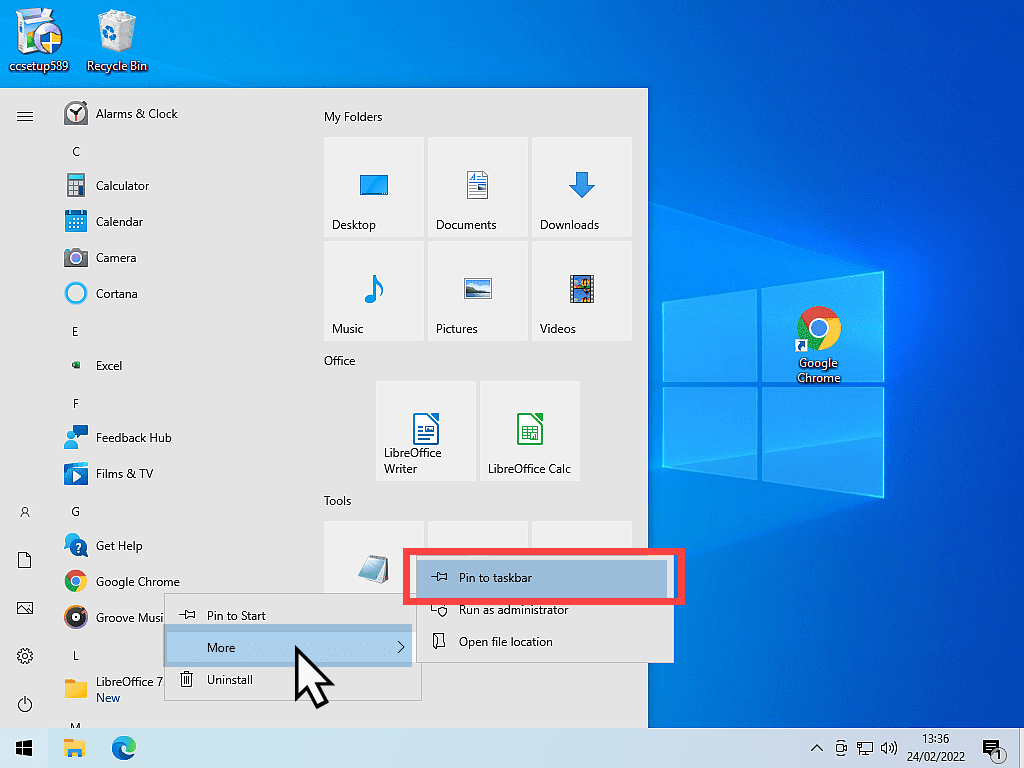 More and Pin to taskbar indicated on Windows 10 options menu.