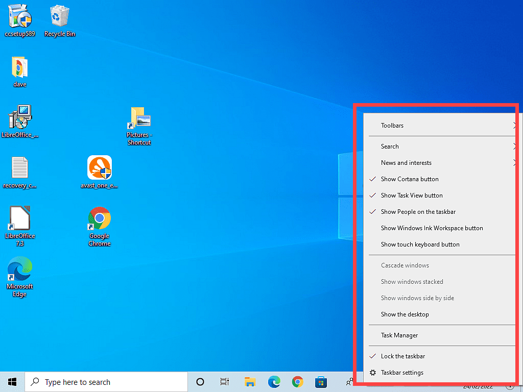 Taskbar options menu highlighted in Windows 10