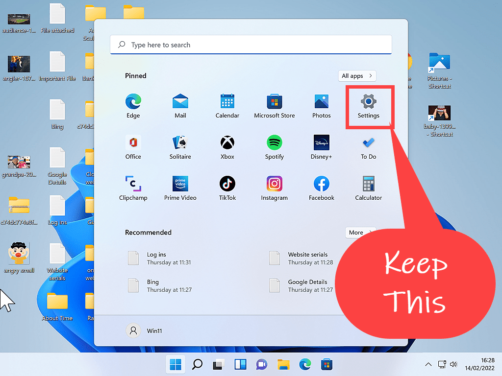 Windows 11 pinned area on Start menu is shown. The Settings app is indicated.